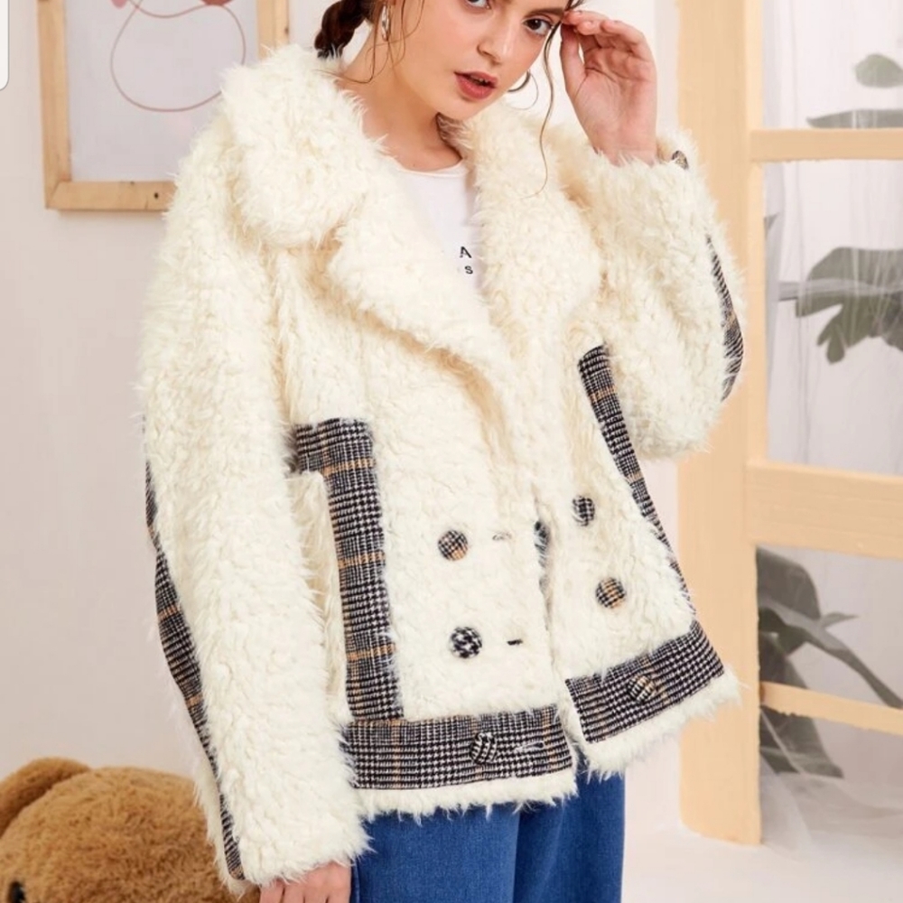 Beige Houndstooth Panel Teddy Coat